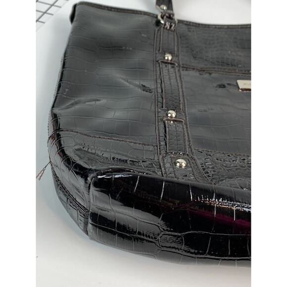 Large Black Patent Faux Leather Shoulder Bag Crocodile Purse Shopper 13x17x3 - Picture 3 of 12